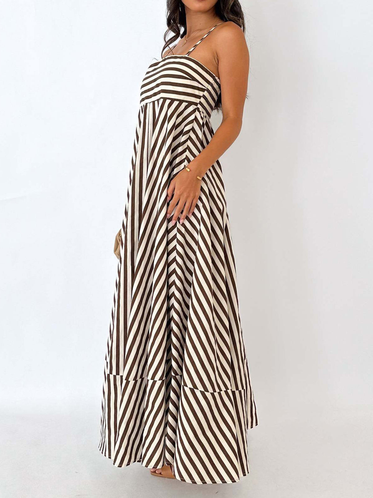 Striped pleated cami long dress with spaghetti straps and tiered panel skirt