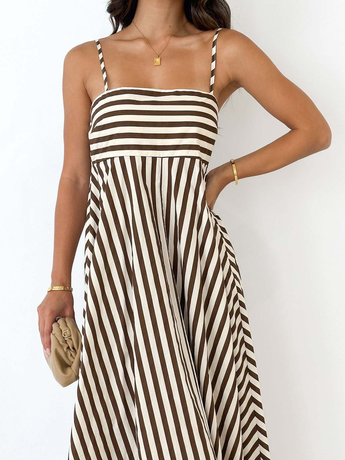 Striped pleated cami long dress with square neckline and spaghetti straps