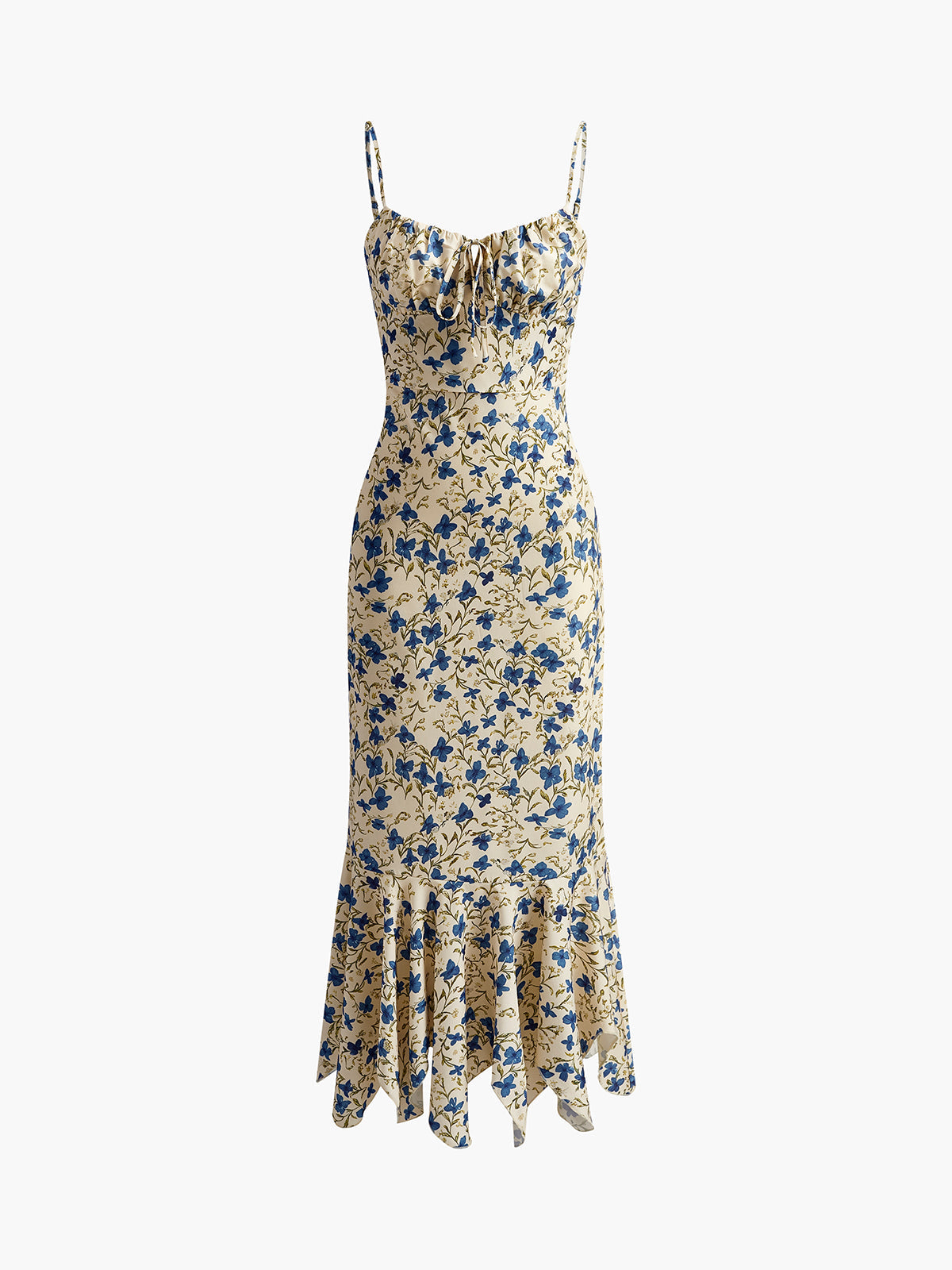 Blue and cream floral maxi dress with spaghetti straps and tiered ruffle hem