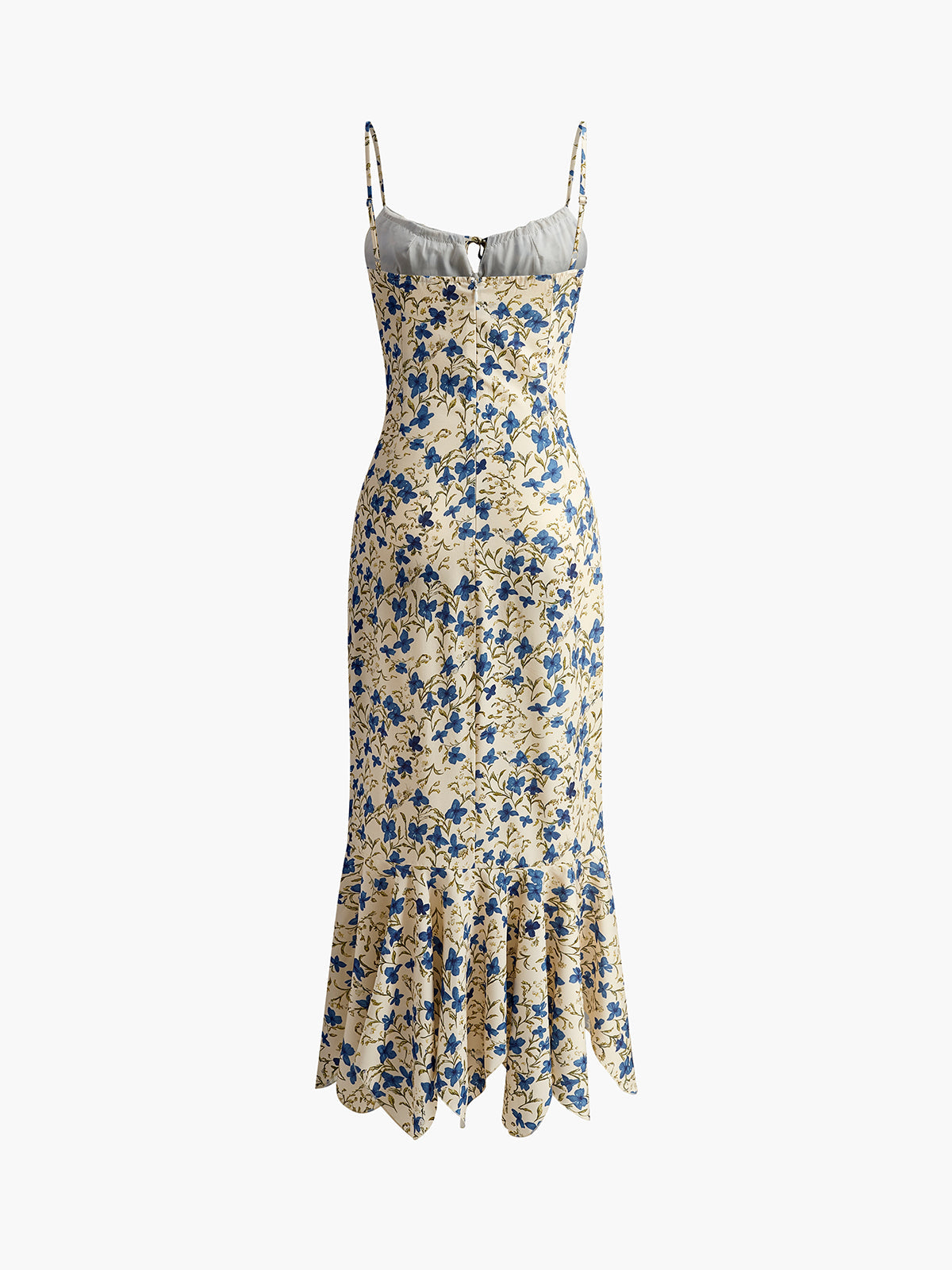 Blue floral maxi dress on white background, spaghetti straps and tiered hem