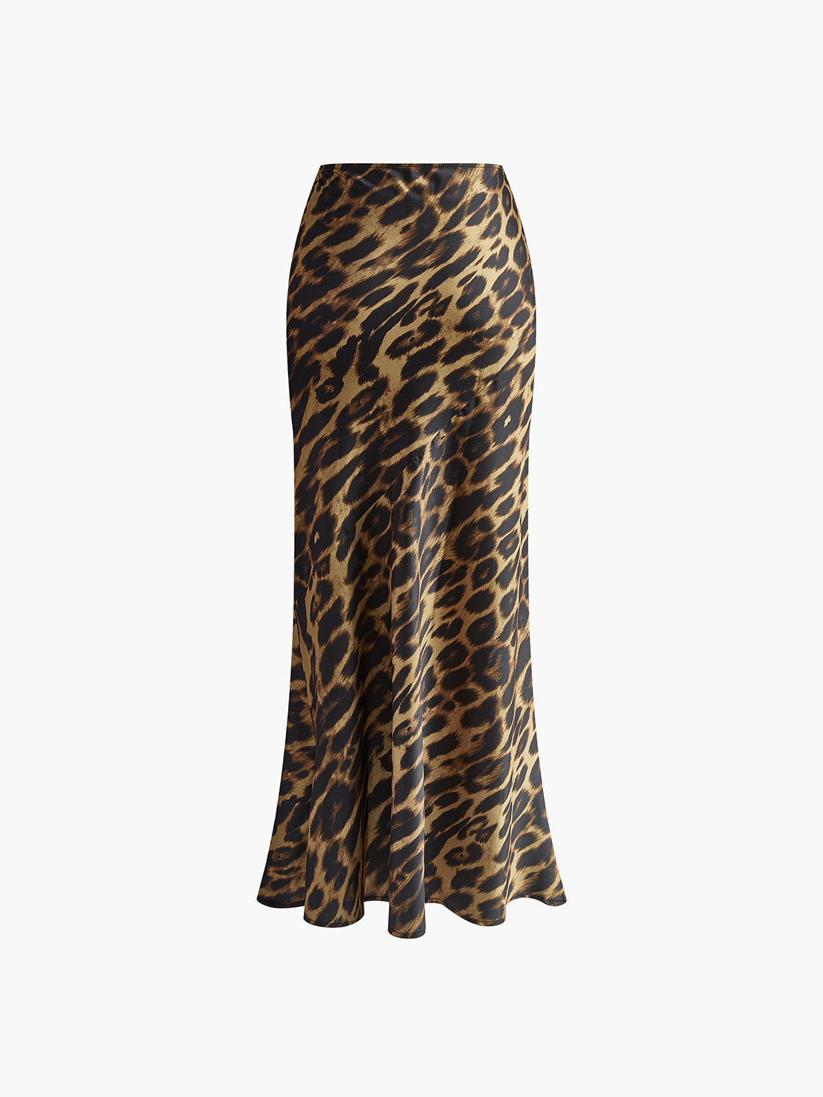Leopard print maxi skirt with fitted waist and sweeping flared silhouette