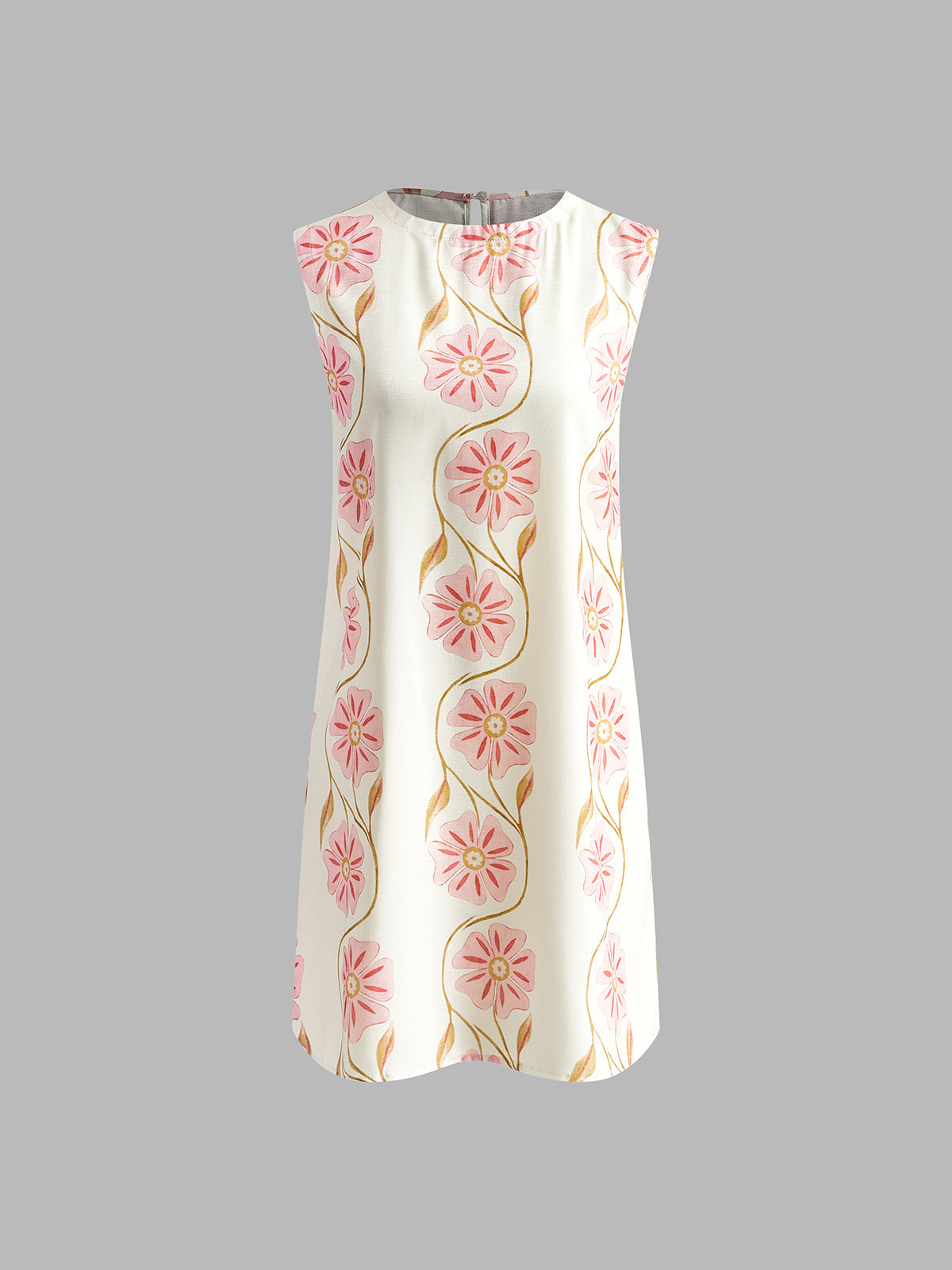 White sleeveless mini shift dress with round neck and pink floral vine print