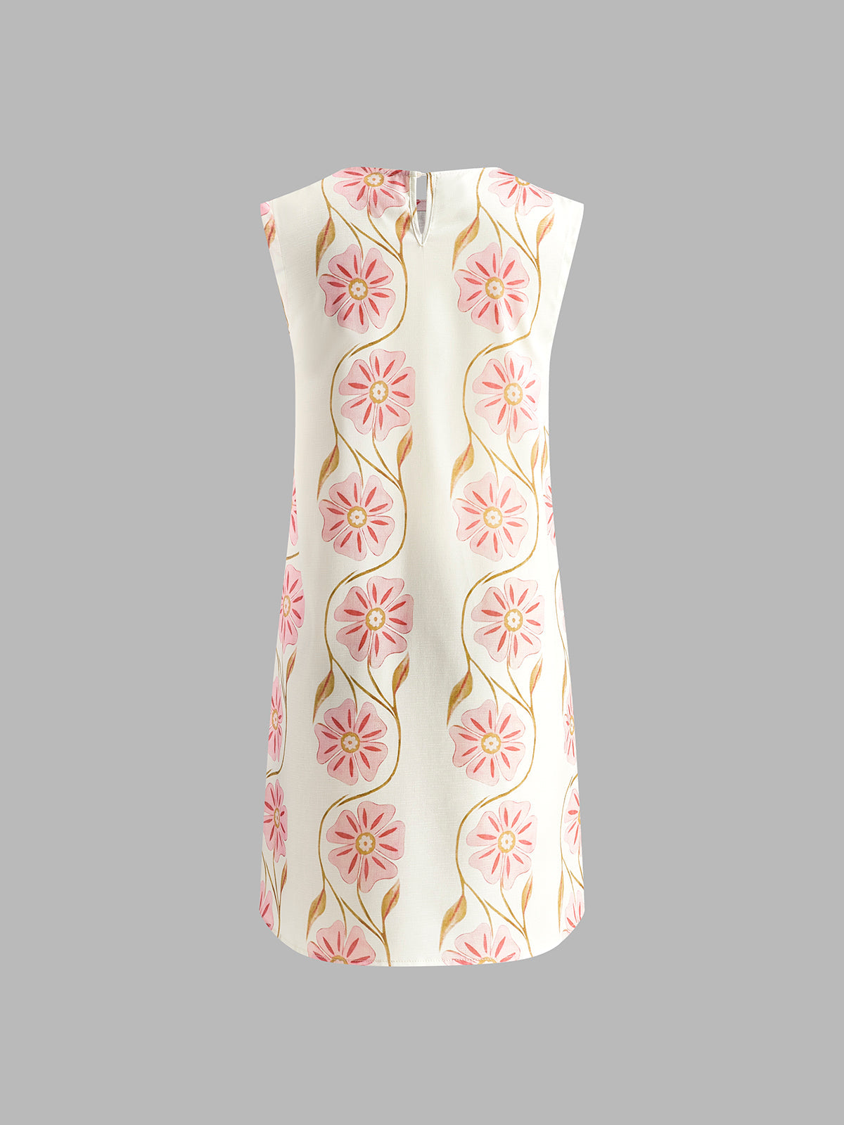 White sleeveless mini shift dress, back view, round neck, pink floral vine print