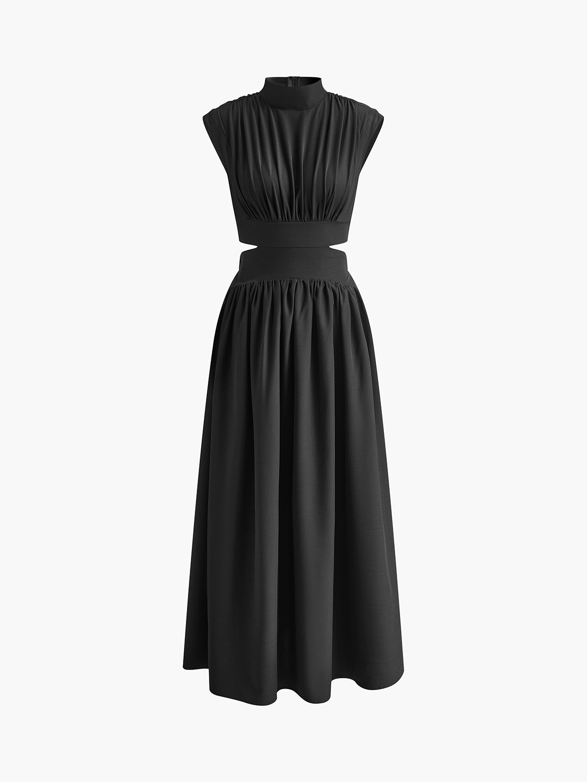 Black sleeveless mock-neck maxi dress with ruched bodice and full gathered skirt