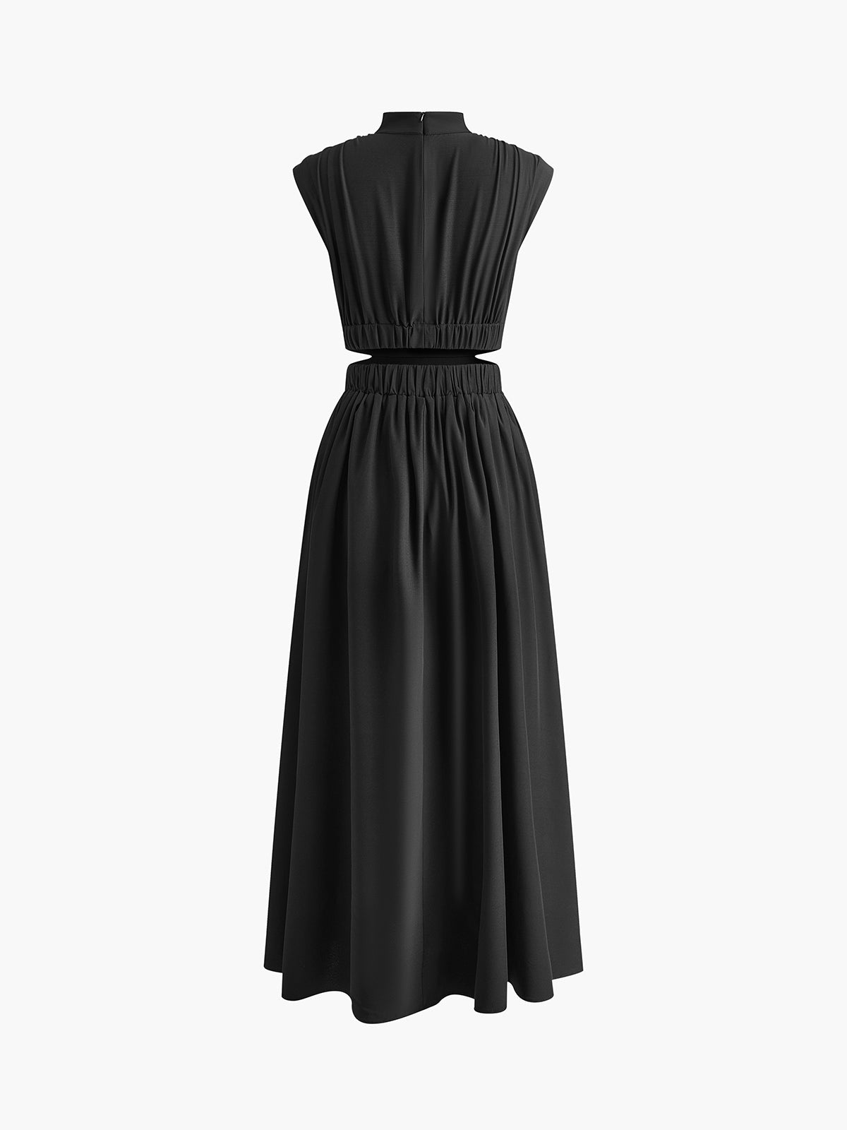 Black mock-neck maxi dress with side cutout and ruched bodice, full gathered skirt