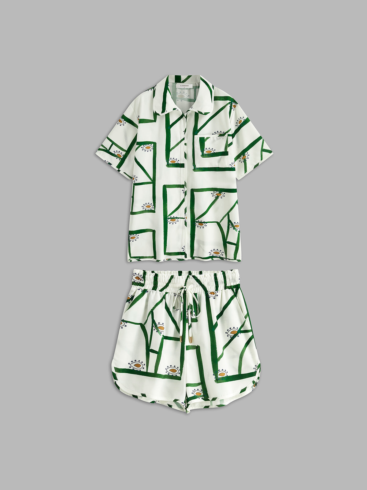 Printed two-piece shirt and shorts set, white with green stripe-and-motif pattern
