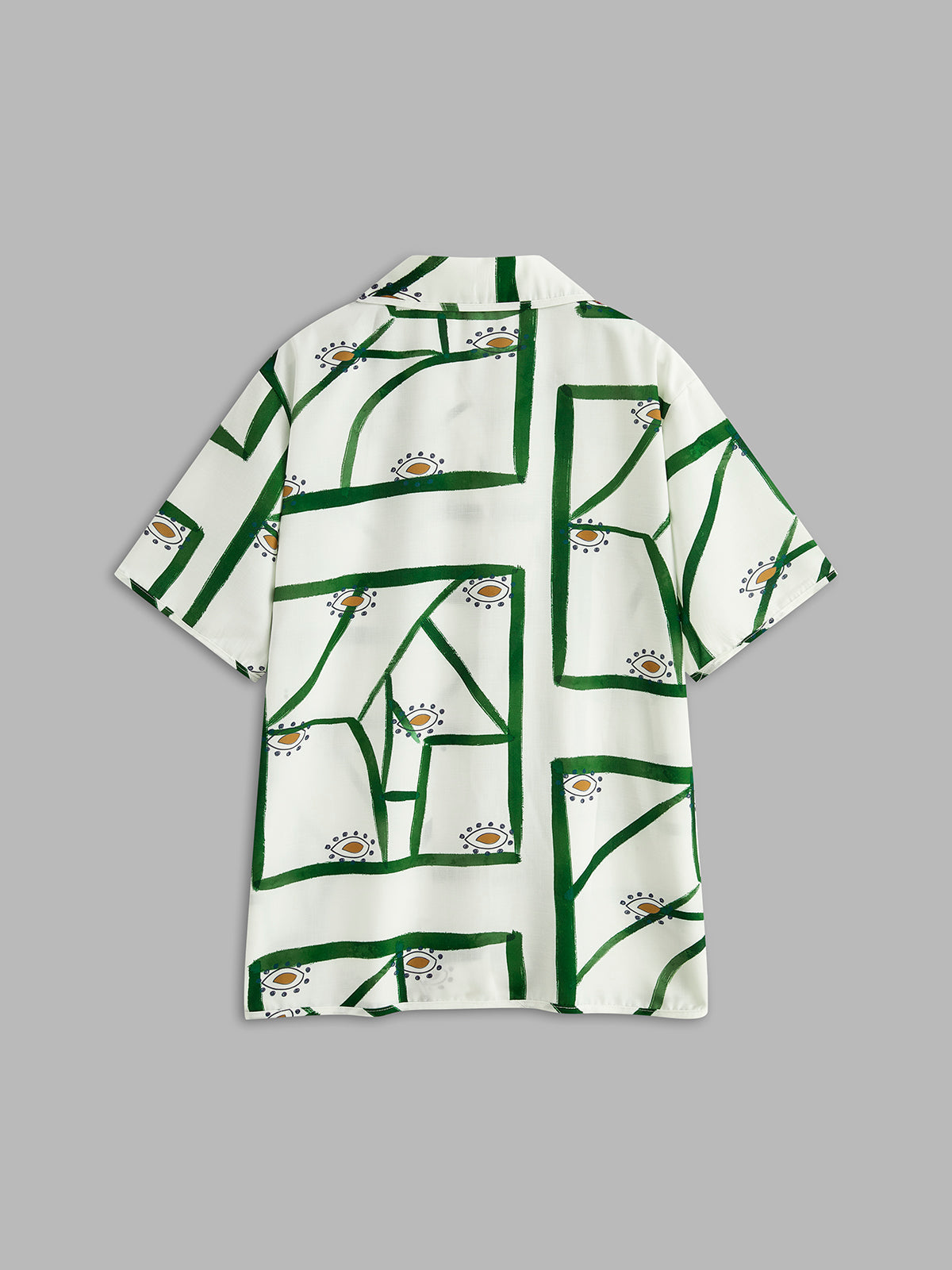 Back view of short-sleeve button shirt and shorts set, white with green motif print
