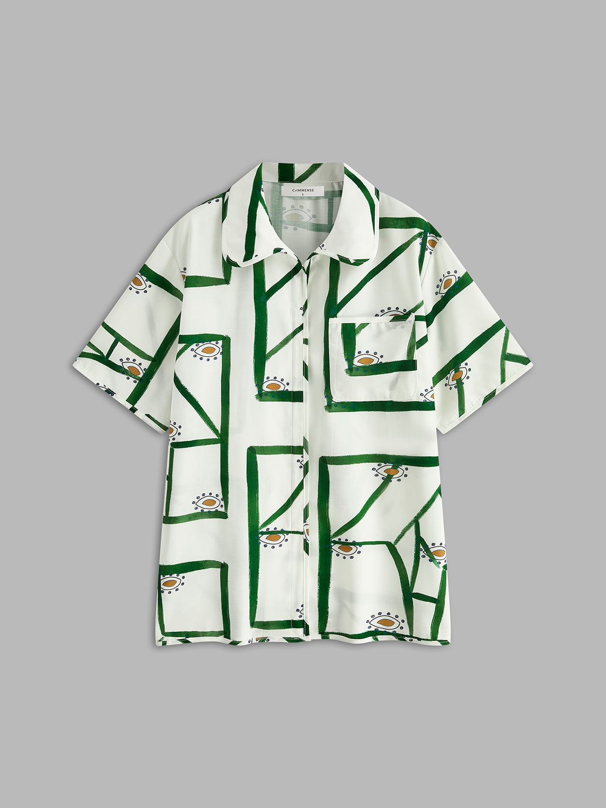 Short-sleeve button shirt and shorts set, white with green patchwork motif print