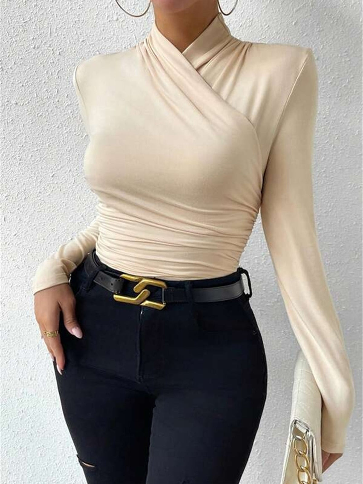 Apricot mock-neck long-sleeve wrap top with ruched waist and crossover front