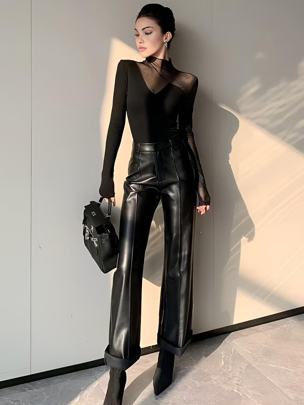 Black mesh long-sleeve mock neck top with V-cut sheer panel and asymmetric bust insert