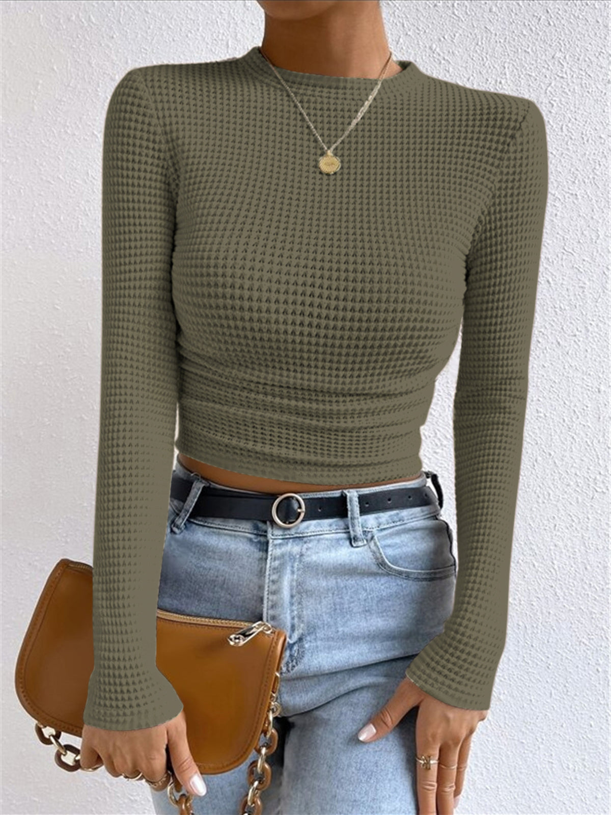 Army green waffle knit long-sleeve crop top with ruched hem, slim fit