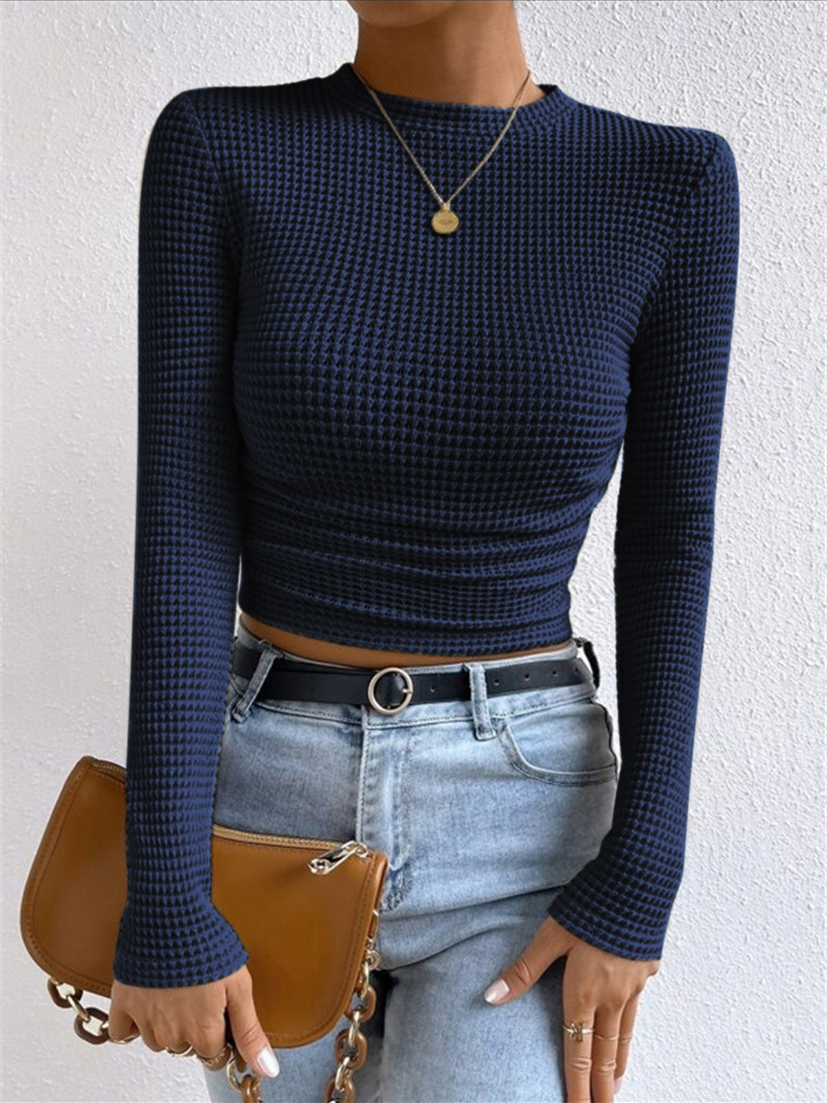 Navy waffle knit long-sleeve crop top with ruched hem, slim fit