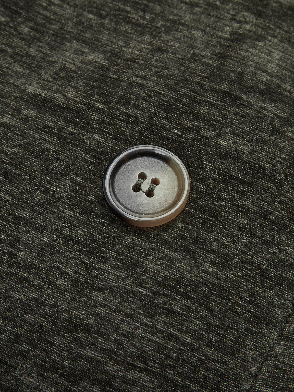 Close-up of gold-tone button on dark green velvet blazer sleeve