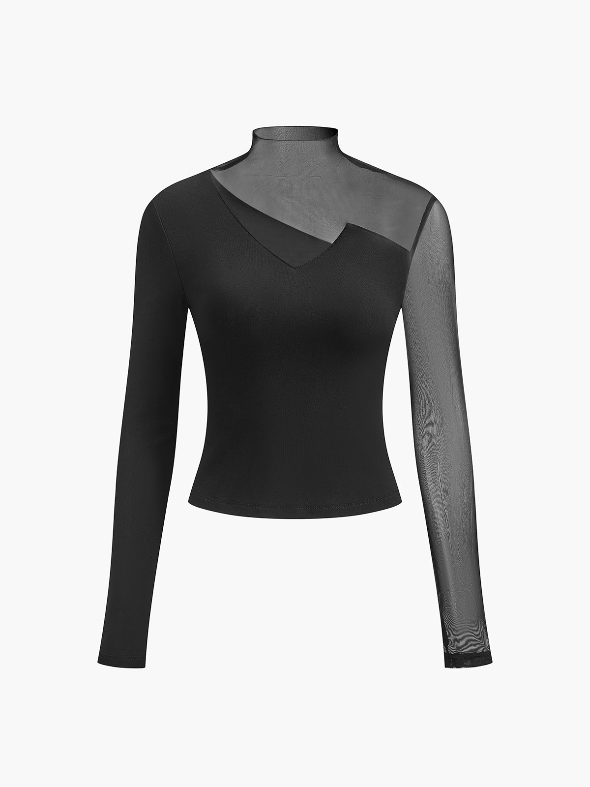 Black mesh long-sleeve mock neck top with asymmetric V-shaped sheer panel