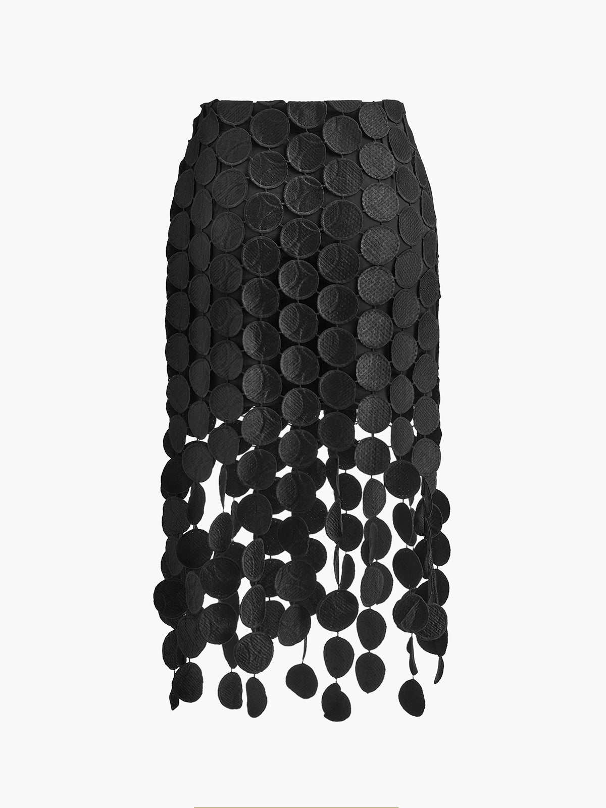 Black high-waist mesh midi skirt with circular disc overlay, full length view