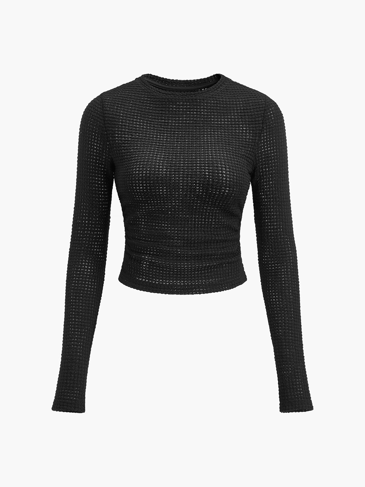 Black waffle-knit long-sleeve slim crop top with textured surface and ruched hem.