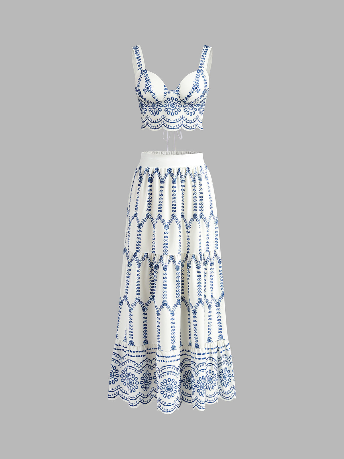 Blue-and-white embroidered linen bustier and maxi skirt set with scalloped trim