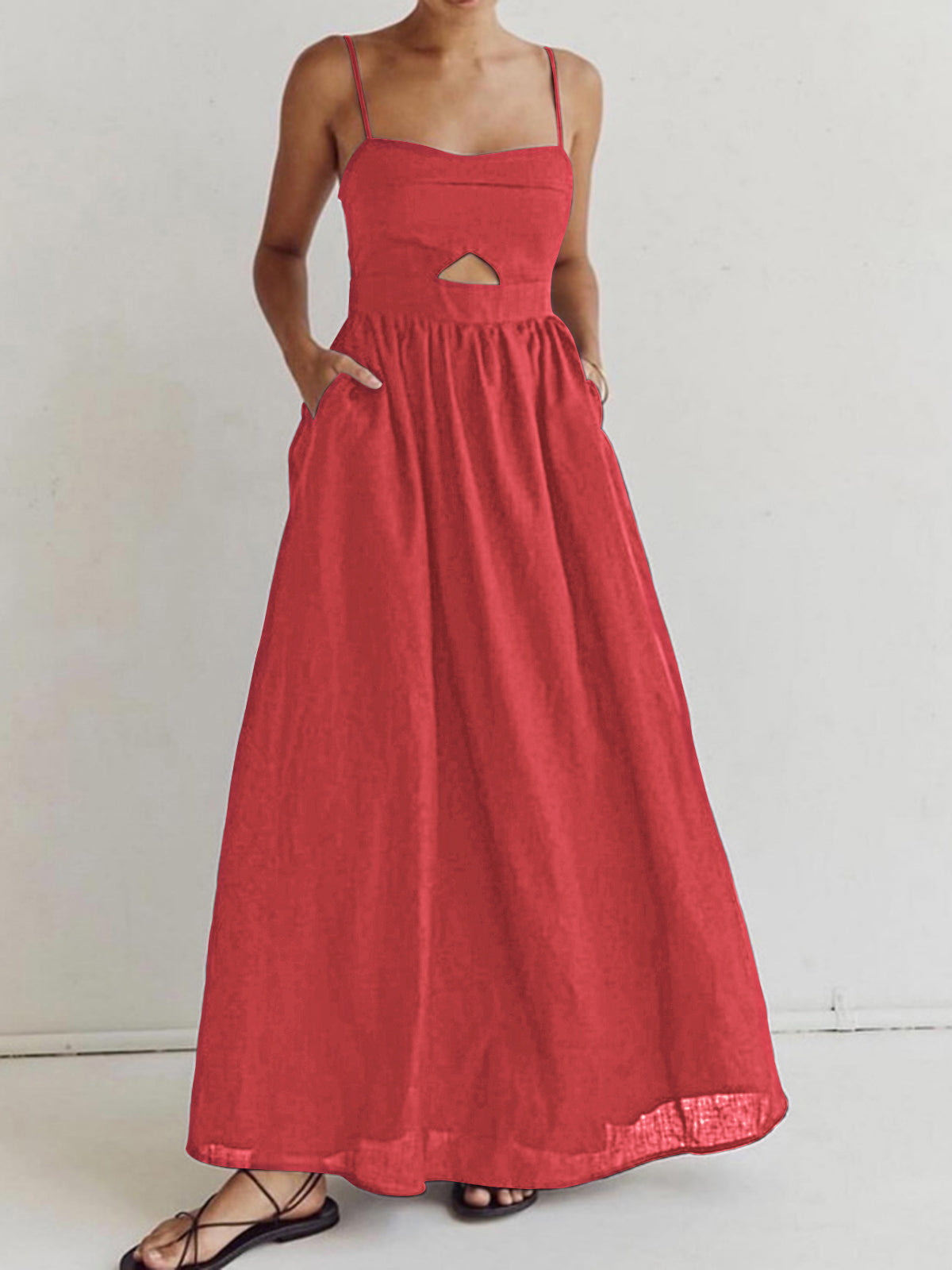 Red spaghetti strap A-line maxi dress with cutout waist and gathered bodice