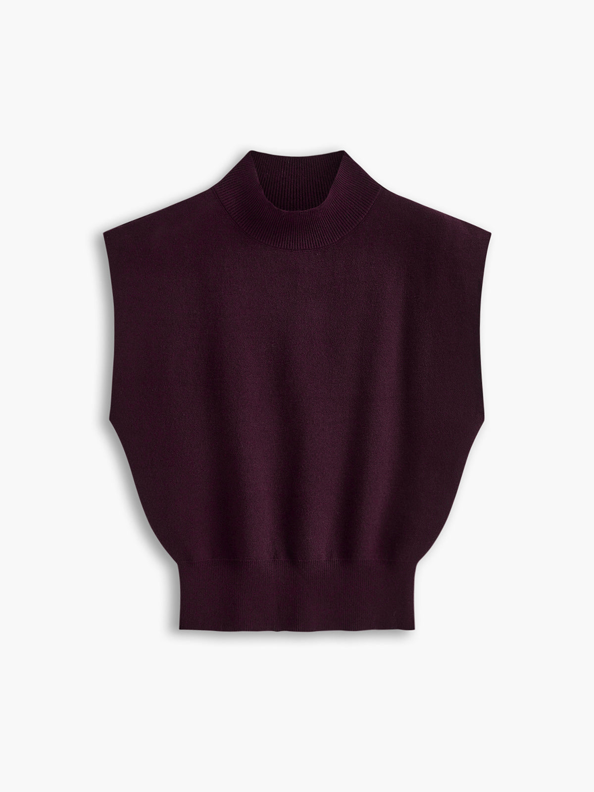 Burgundy sleeveless mock neck knit top, sleeveless pullover with ribbed collar
