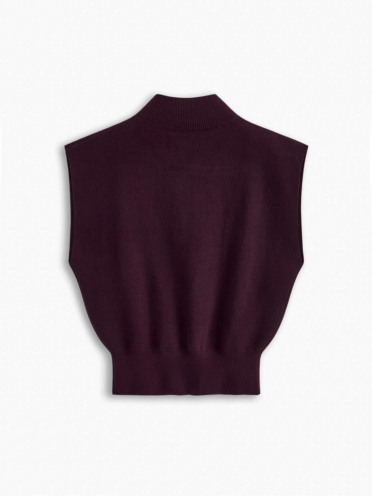 Burgundy sleeveless mock neck knit top, back view with ribbed neckline