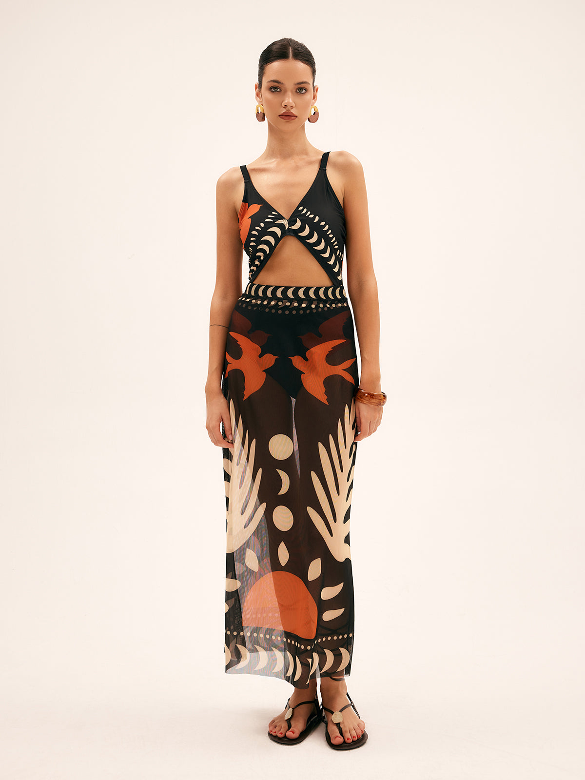 Sheer chiffon maxi skirt, black with abstract orange and beige tropical print