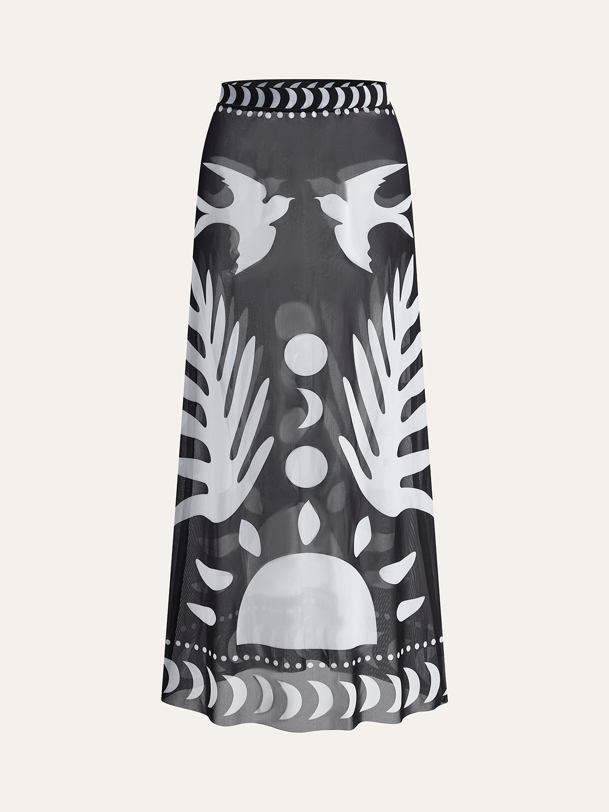 Maxi skirt flat lay in black and white with abstract tropical silhouettes