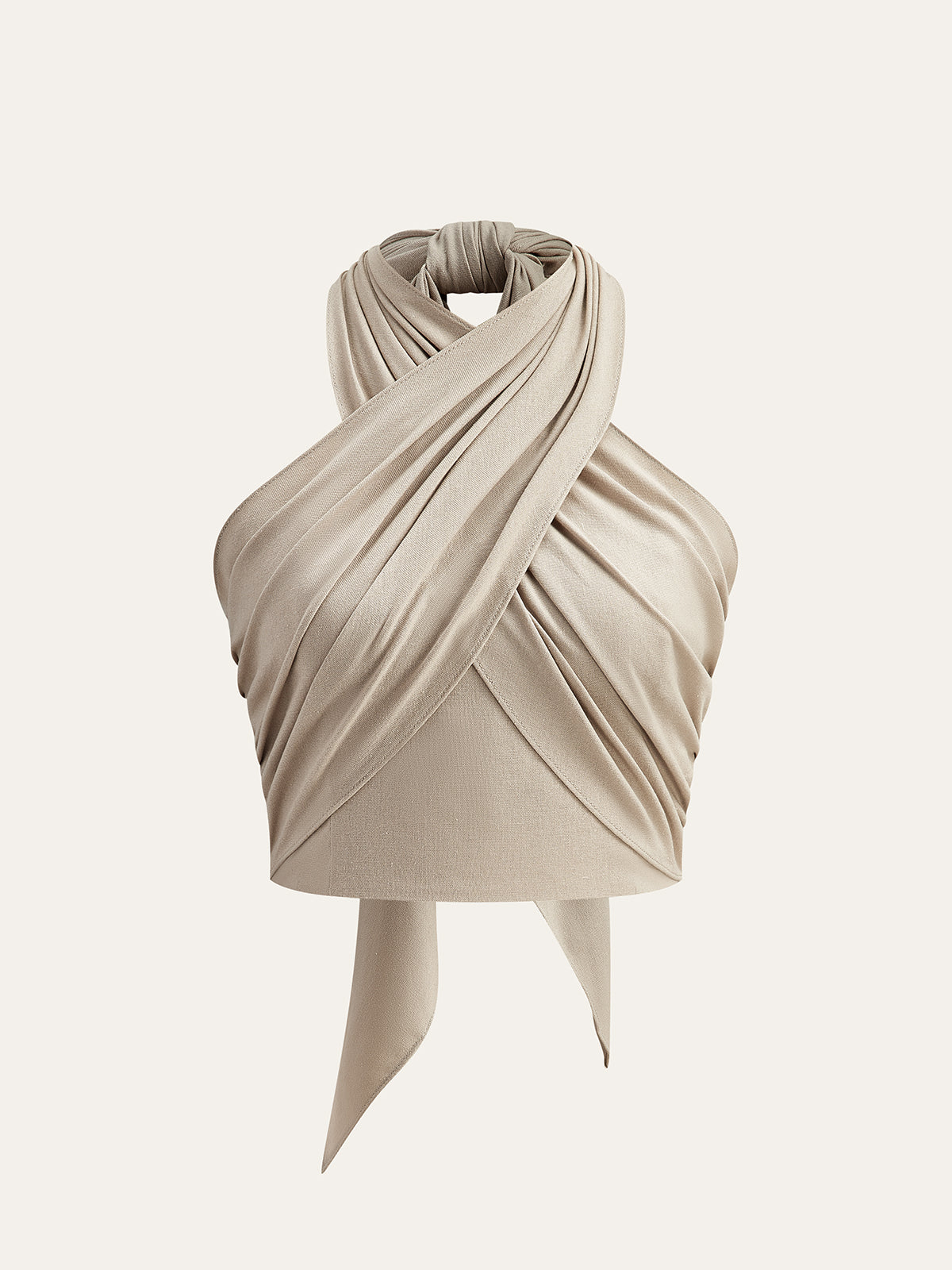 Beige cotton crop halter wrap top with draped cross neckline