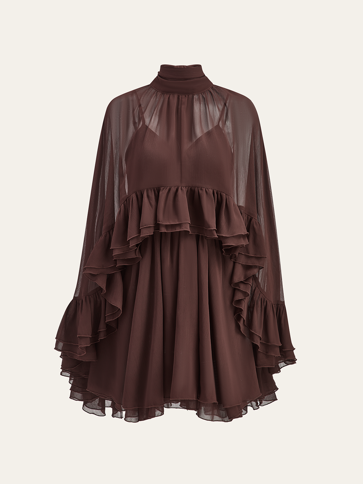 Dark brown chiffon mini dress with high neck, cape sleeves, and tiered ruffle skirt