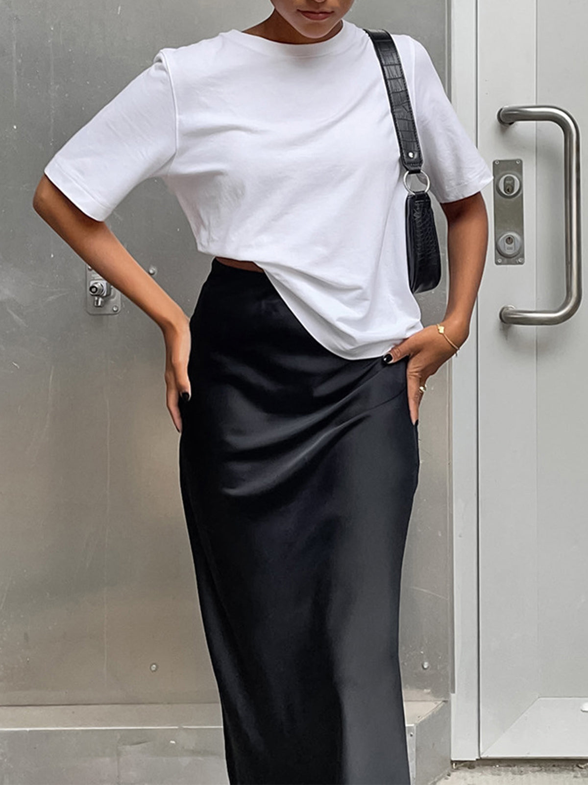 Black satin high-waist straight maxi skirt, smooth drape with side slit