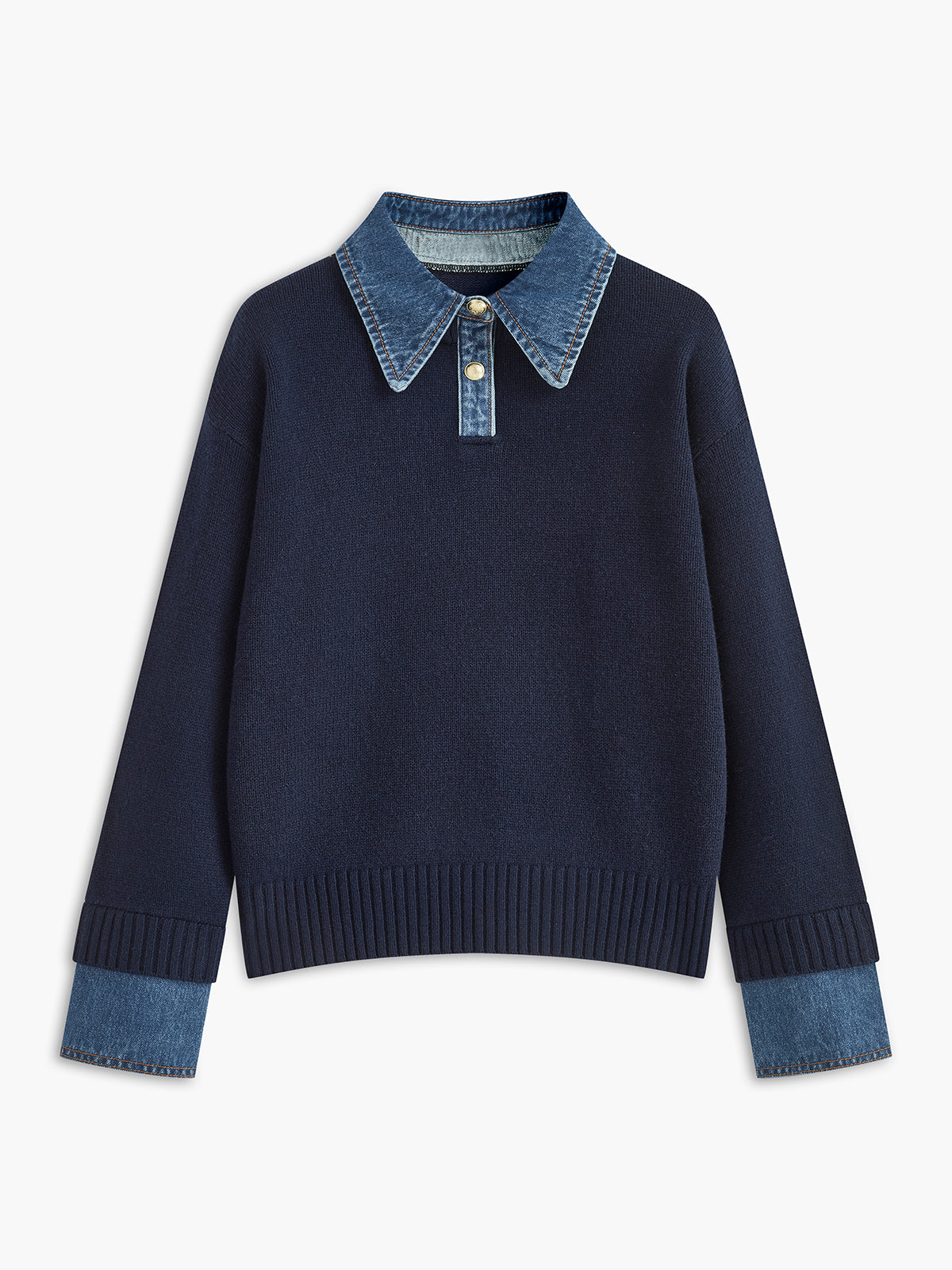 Women’s navy knit jumper with denim collar, zip-front placket, and ribbed cuffs