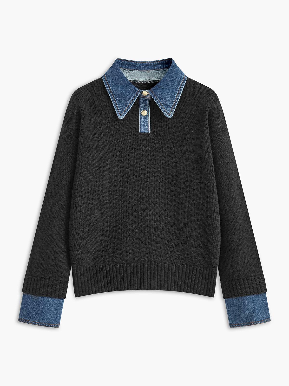 Women’s black knit jumper with denim collar and ribbed cuff trim