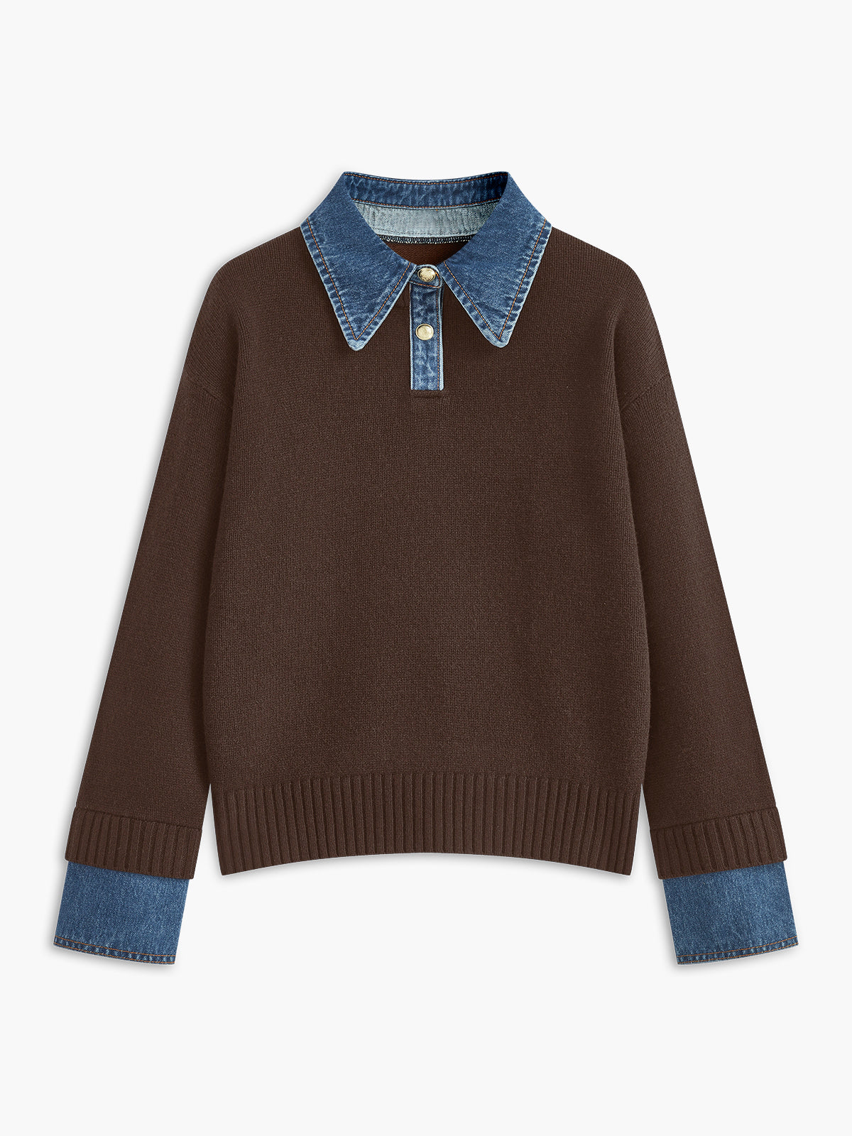 Women’s brown knit jumper with denim collar and ribbed cuff trim