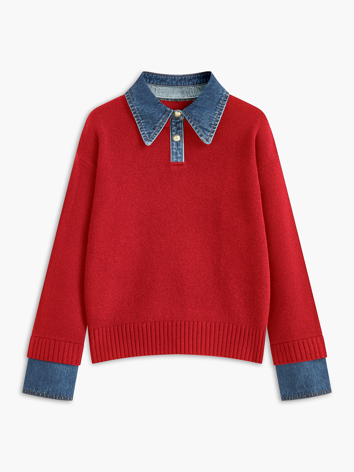 Women's knit jumper with denim-look collar and cuffs, relaxed fit, red