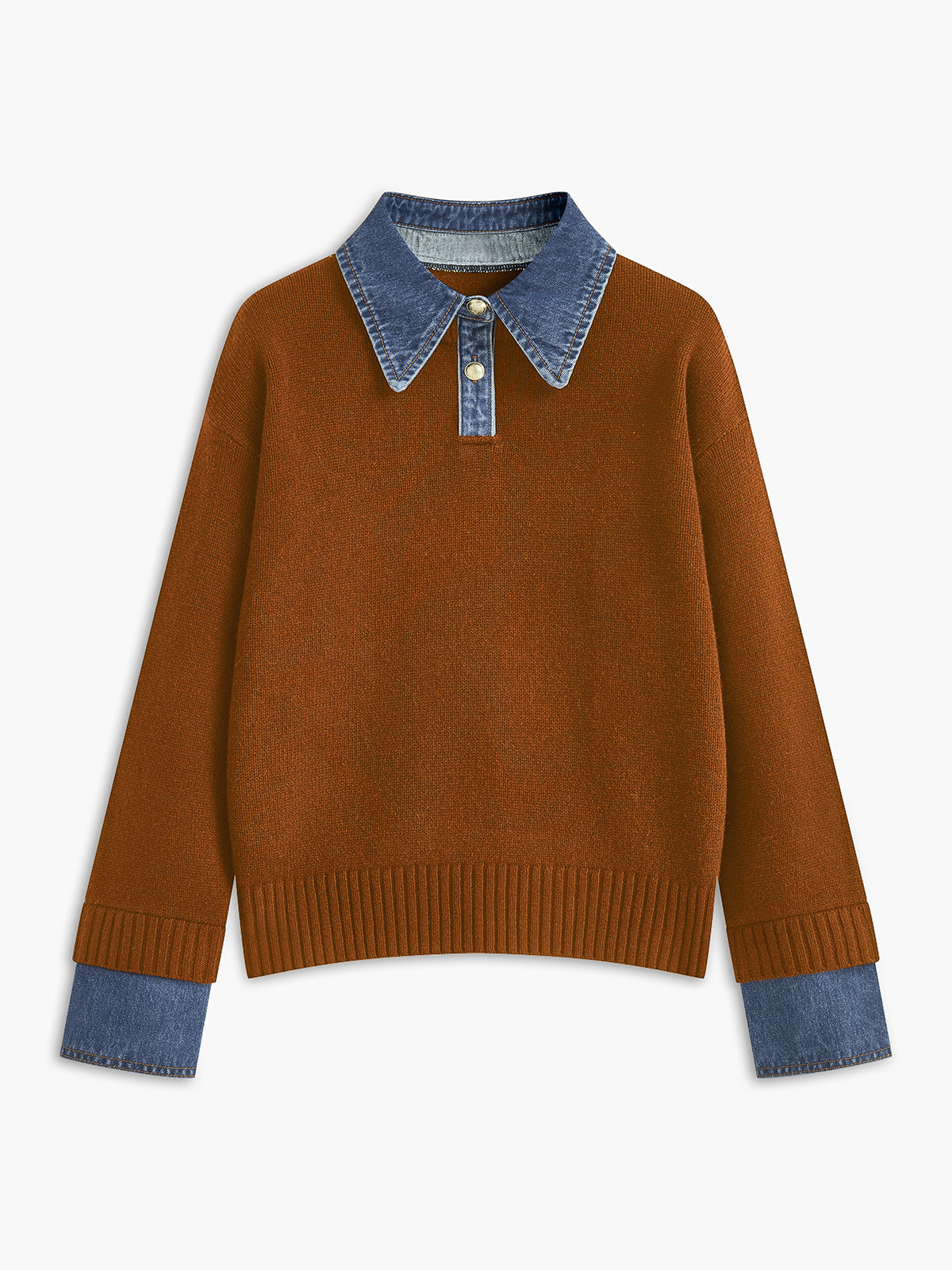 Women's knit jumper with denim-look collar and cuffs, relaxed fit, brown