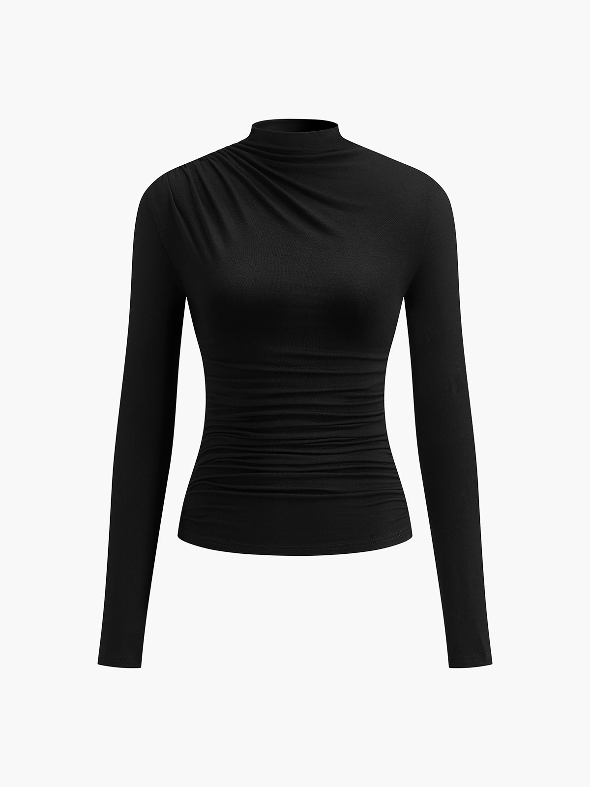 Black long-sleeve fitted top with ruched side and high neckline, front view