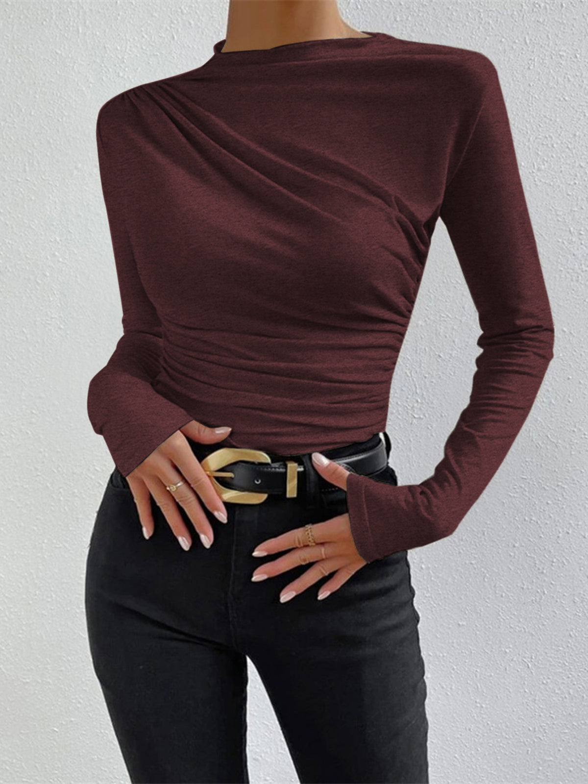 Burgundy viscose top with draped asymmetric neckline and ruched side, long sleeves