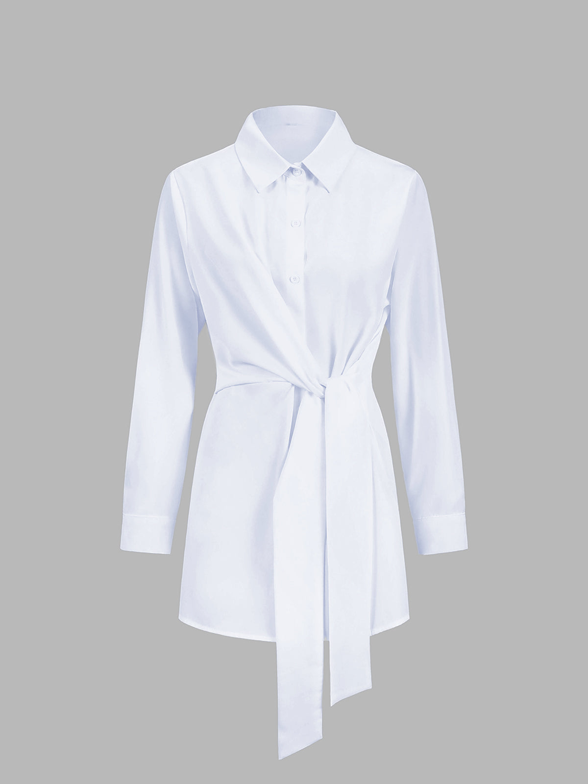 White cotton poplin blouse with long sleeves, shirt collar, and tie-front detail