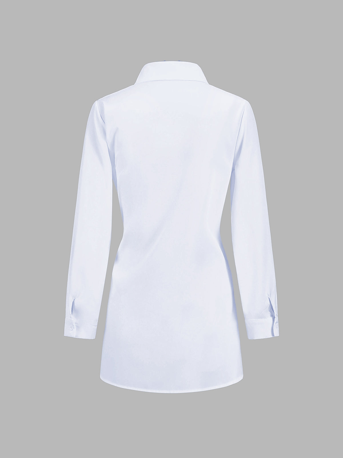 White cotton poplin blouse with long sleeves and shirt collar, back view