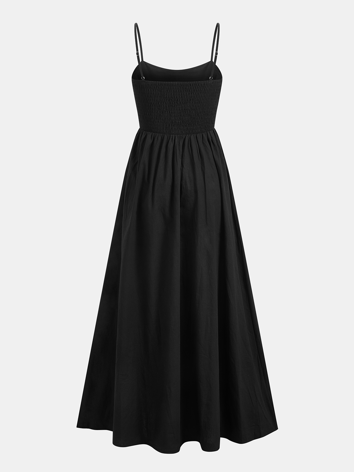 Black A-line maxi dress with spaghetti straps, square neckline, and cutout waist