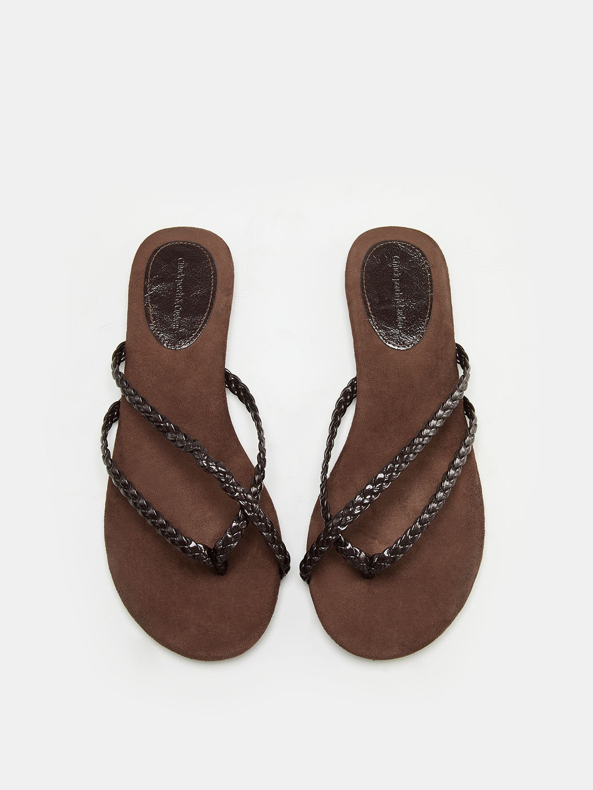 Women's brown flip flops with braided leather toe-strap and suede footbed