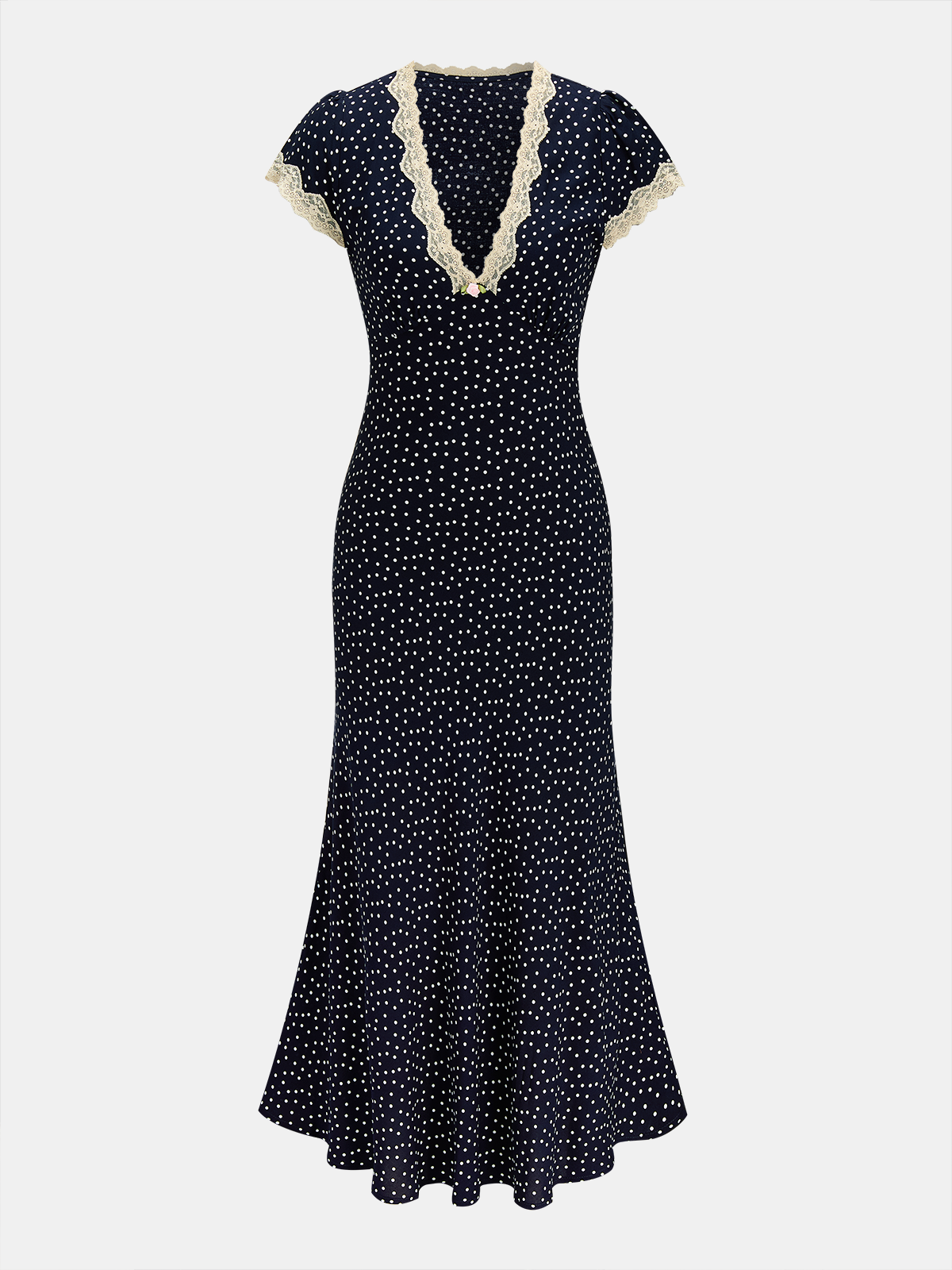 Navy satin polka-dot midi dress front view with deep V lace neckline