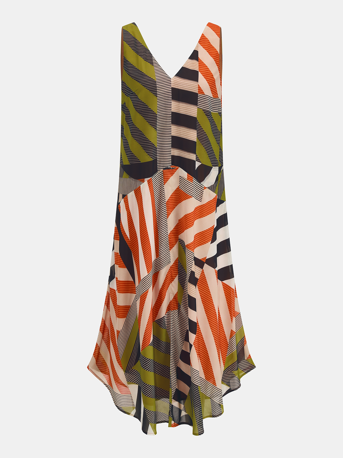 Multicolor striped asymmetric midi dress, sleeveless V-neck, flowing color-block skirt