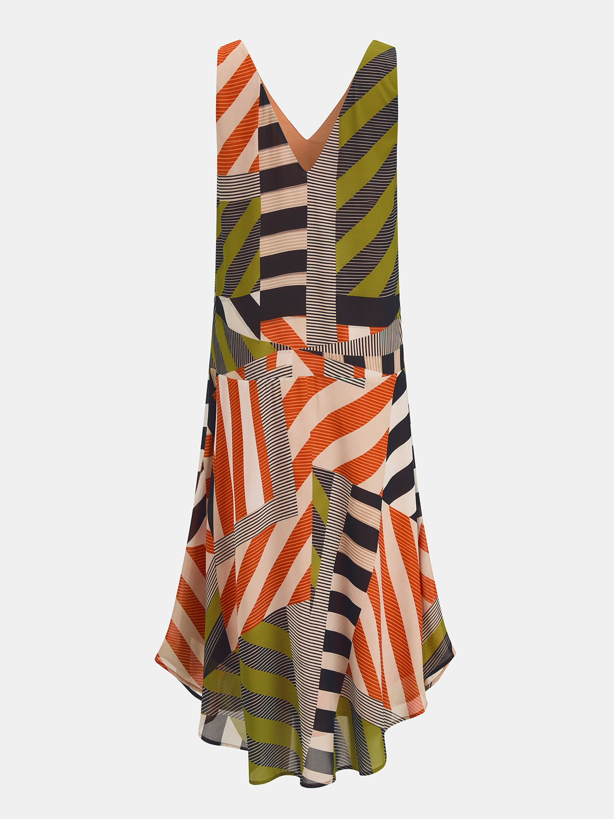 Multicolor striped asymmetric midi dress with V-neck and layered A-line skirt