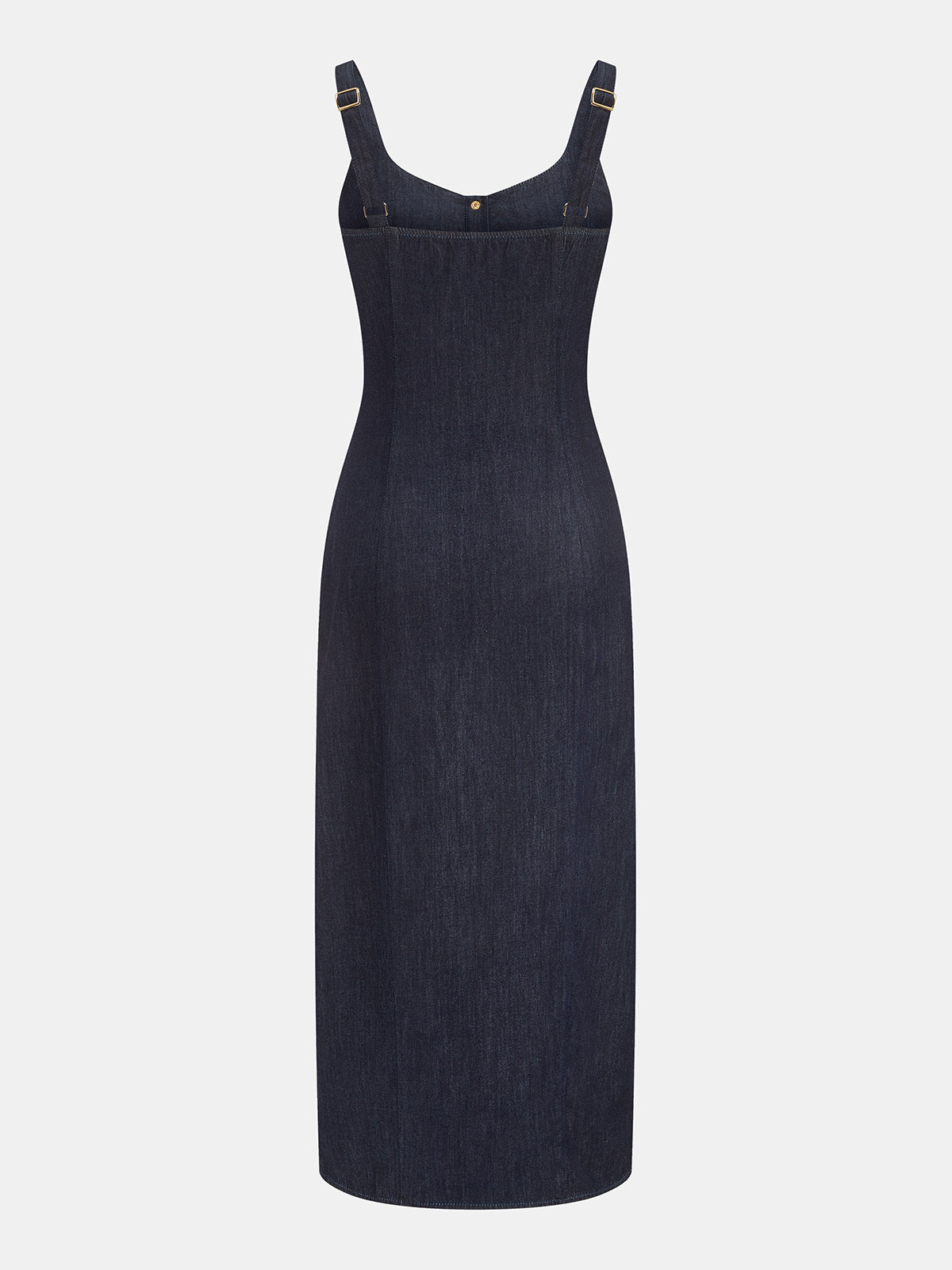 Navy denim midi dress with button front and thin shoulder straps, front slit