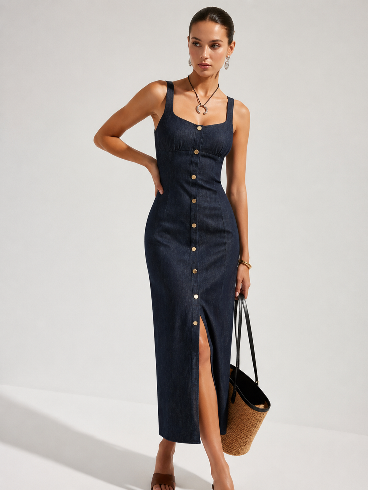 Navy denim button-front midi dress with square neckline and sleeveless bodice
