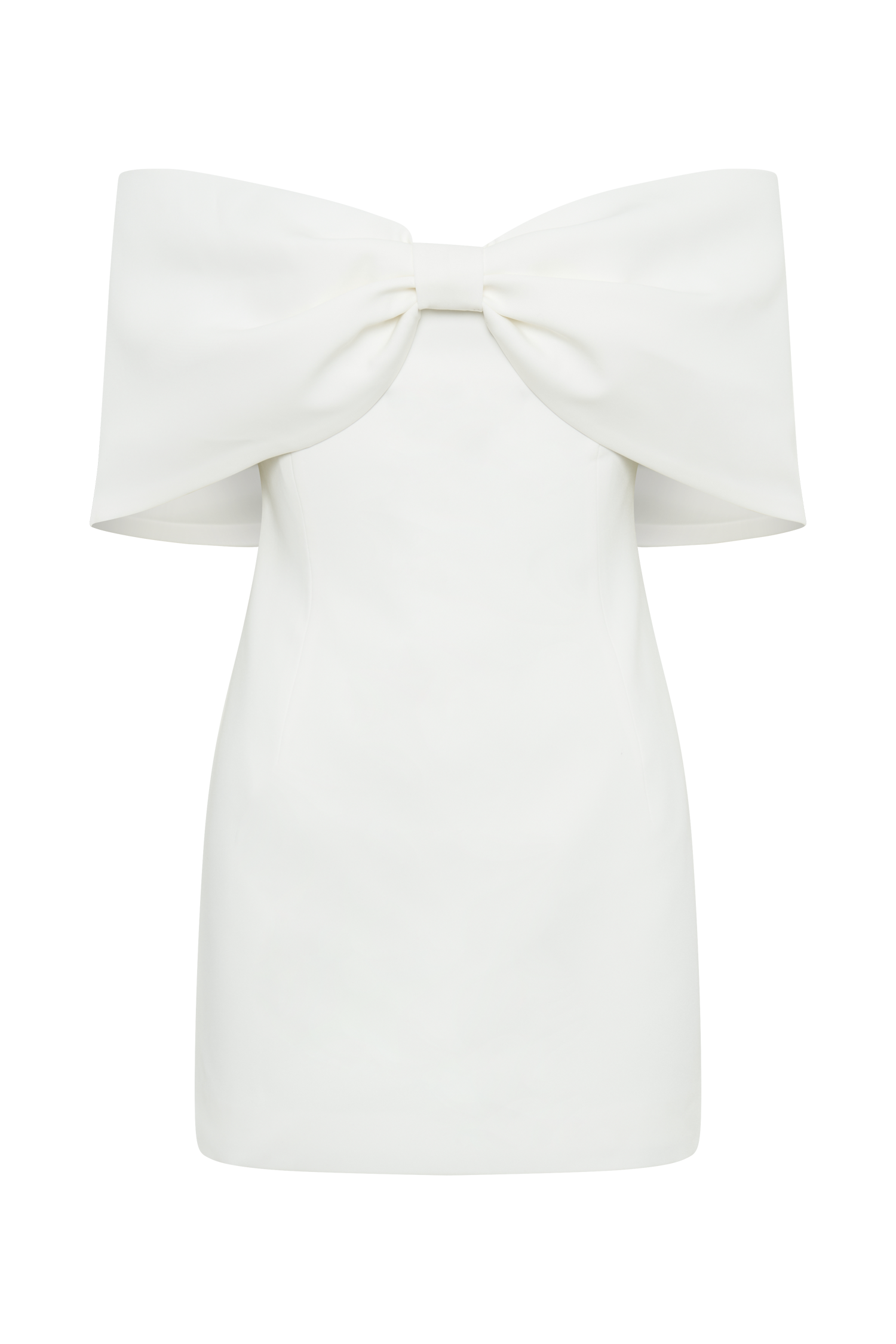 White satin mini dress on transparent background with off-shoulder bow and sleeves