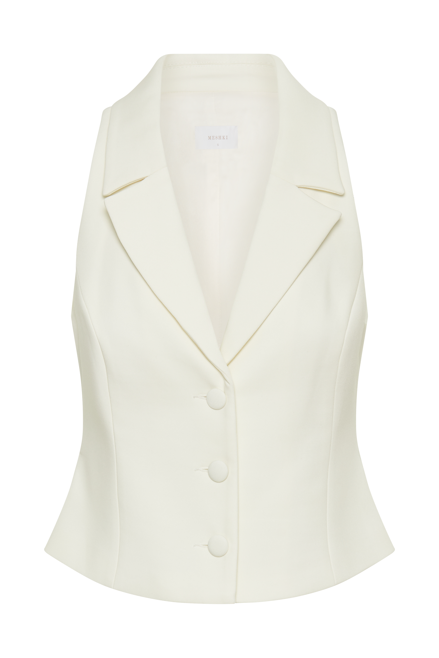 White sleeveless blazer-style dress top with notched lapel and three-button front