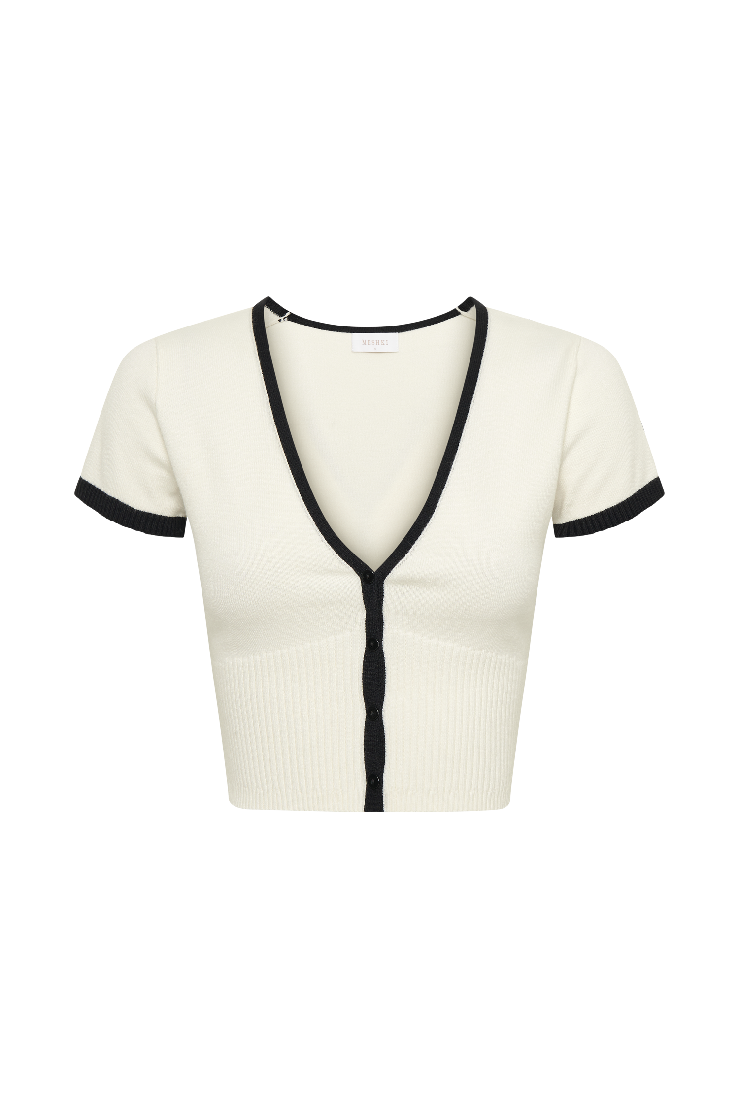 White ribbed deep V button-front crop top with black trim and short sleeves.