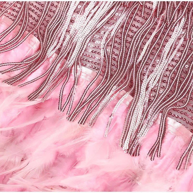 Pink V-neck mini dress with crystal fringe strands and feathered trim