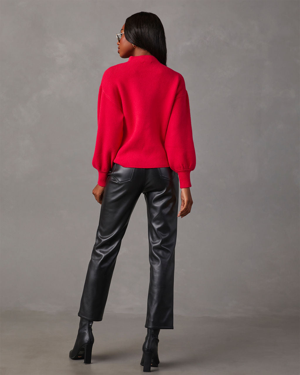 Cherry red mock neck pullover sweater from back, long sleeves